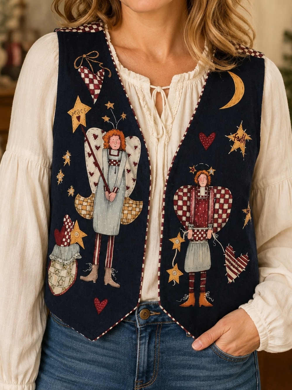 Whimsical Angel Print Vest in Navy & Cream